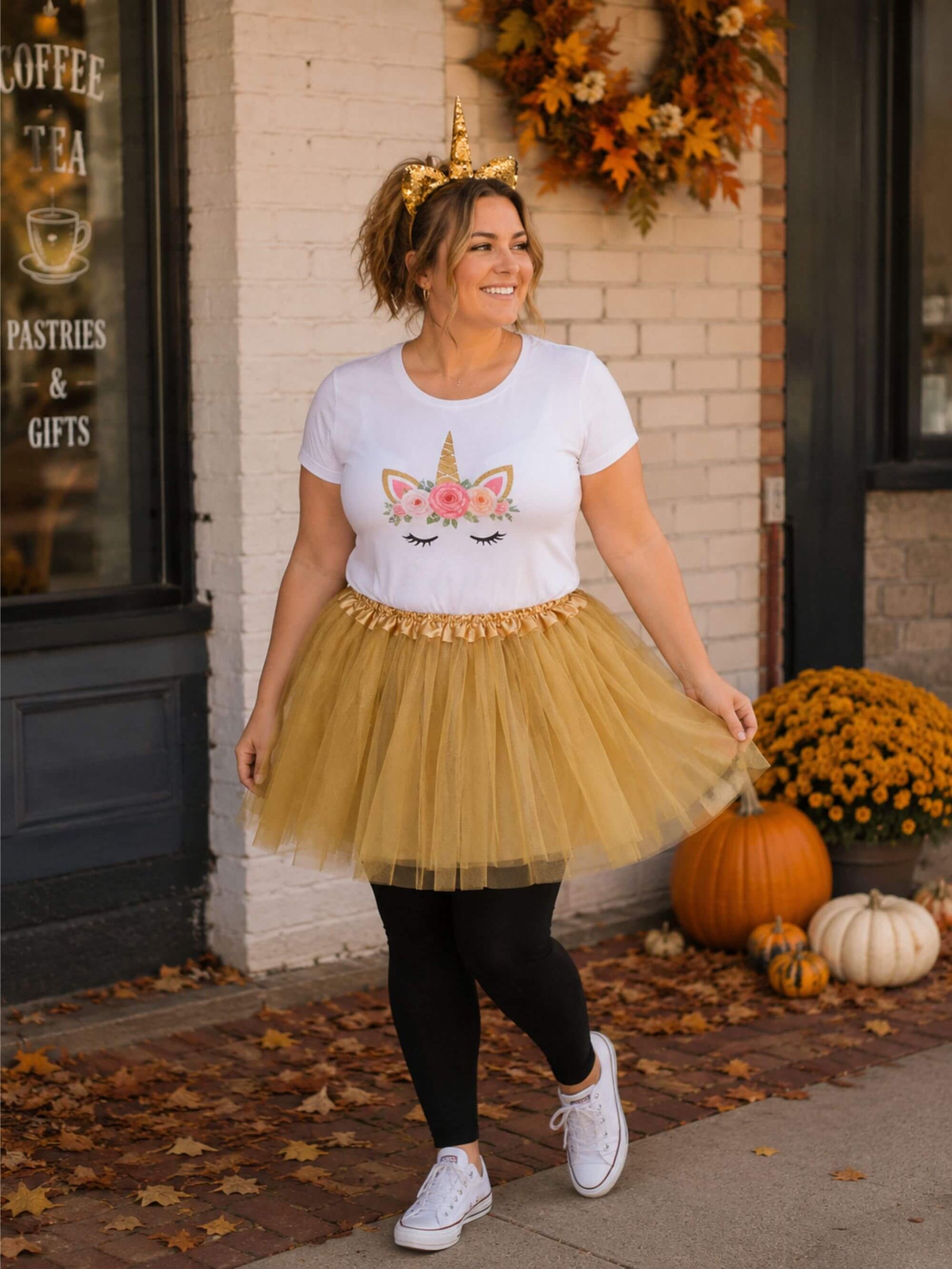 Women's Gold Unicorn Costume - Tutu Skirt & Flip Sequin Headband Horn Set for Adult or Plus Size