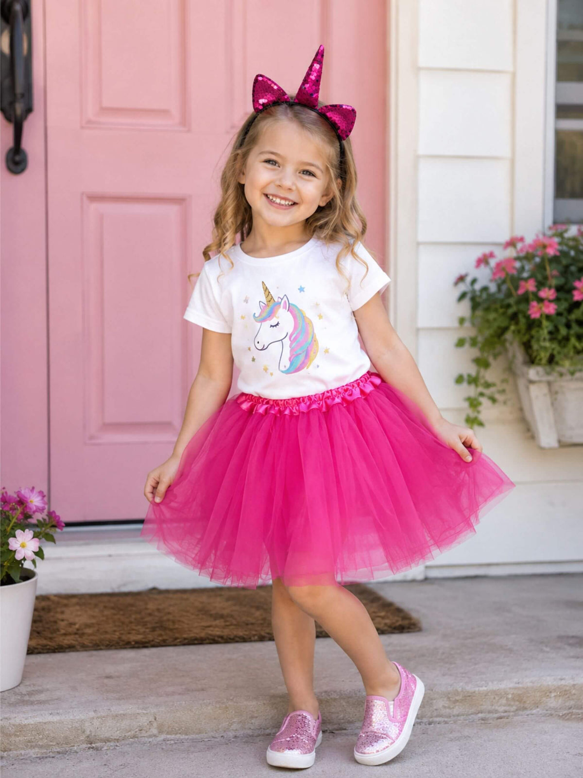 Girls Hot Pink Unicorn Costume - Complete Kids Costume Set with Tutu & Flip Sequin Unicorn Headband Horn