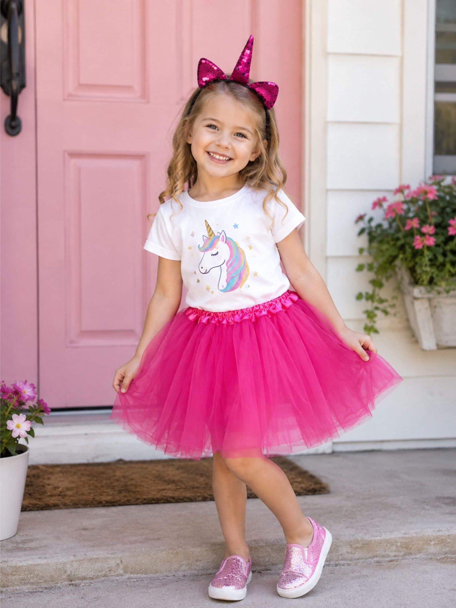 Girls Hot Pink Unicorn Costume - Complete Kids Costume Set with Tutu & Flip Sequin Unicorn Headband Horn