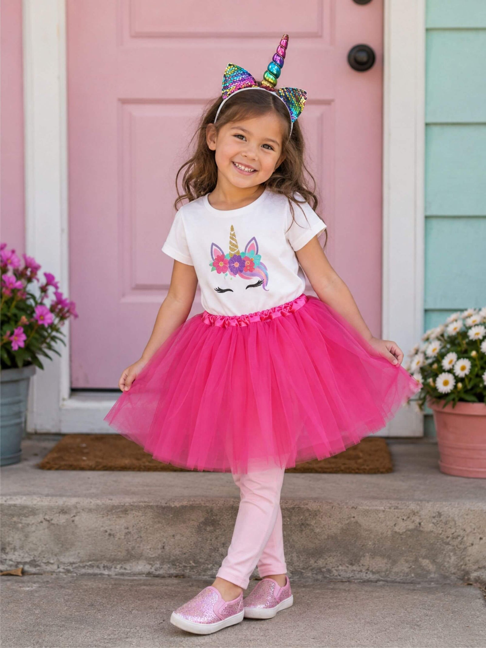 Girls Rainbow Unicorn Costume - Complete Kids Costume Set with Tutu & Sequin Unicorn Headband Horn