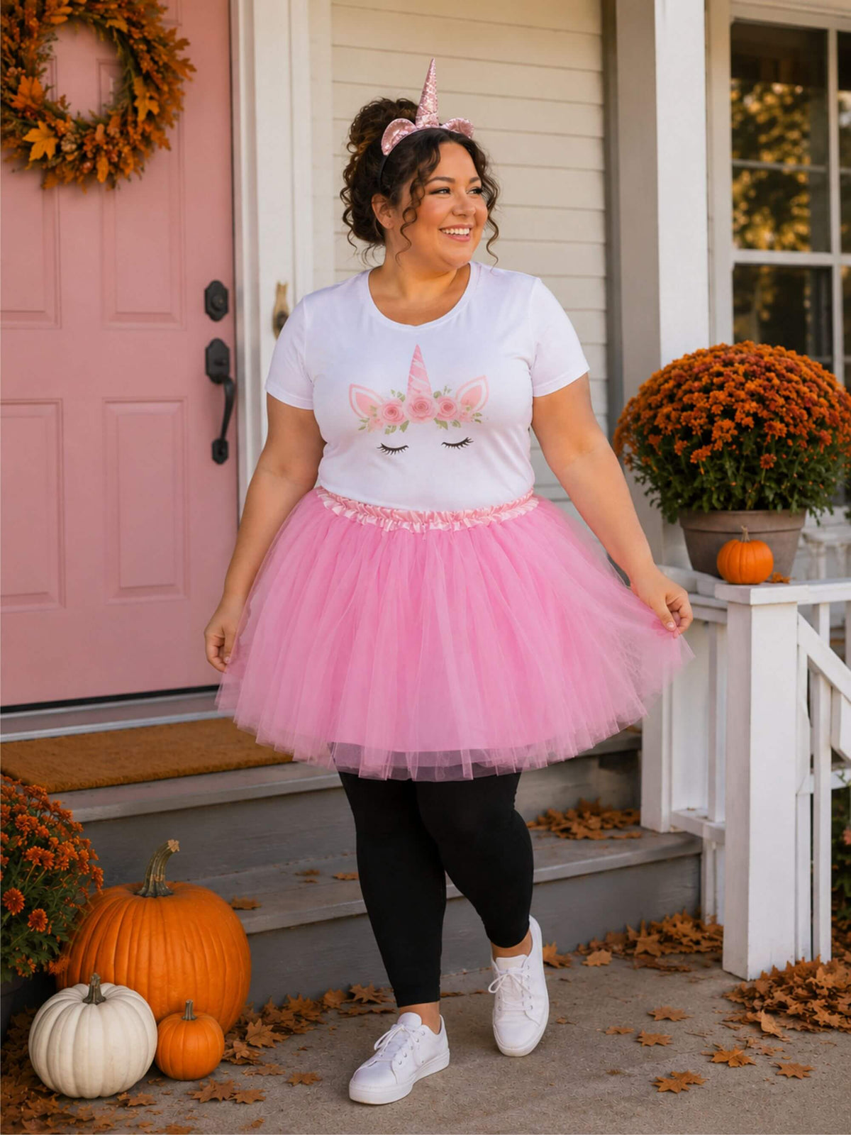 Women's Pink Unicorn Costume - Tutu Skirt & Flip Sequin Headband Horn Set for Adult or Plus Size