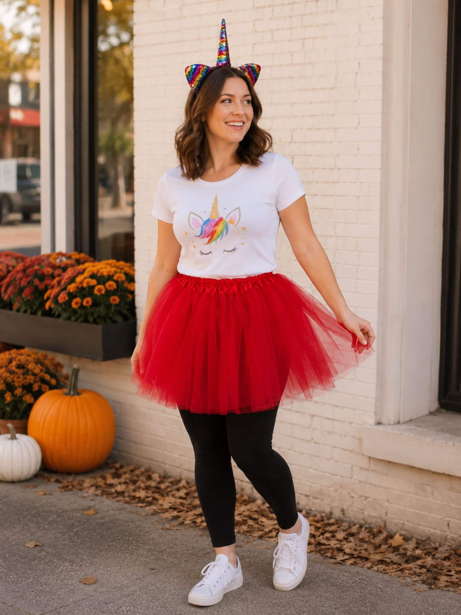 Women's Rainbow Red Unicorn Costume - Tutu Skirt & Flip Sequin Headband Horn Set for Adult or Plus Size