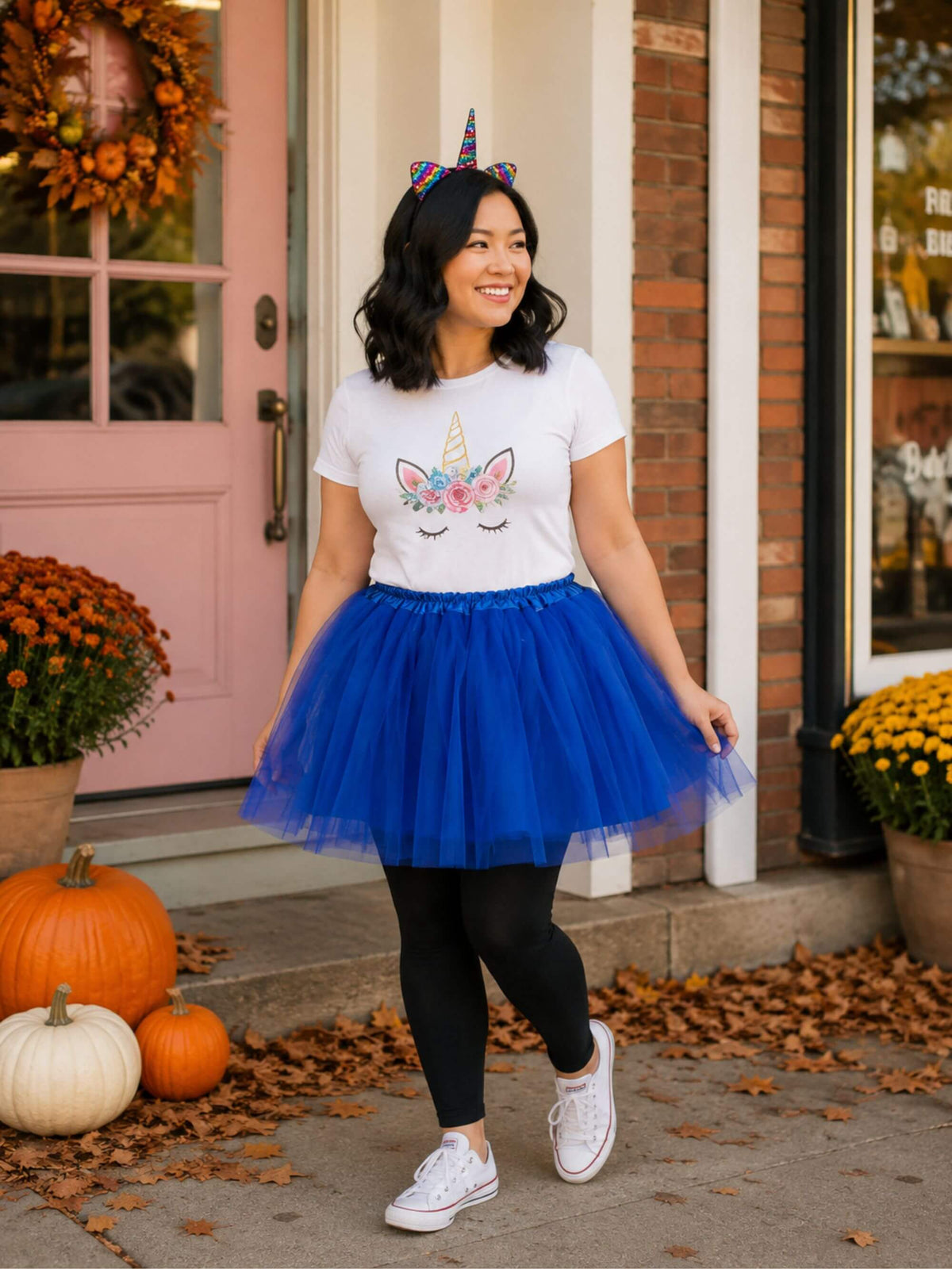 Women's Rainbow Royal Blue Unicorn Costume - Tutu Skirt & Flip Sequin Headband Horn Set for Adult or Plus Size