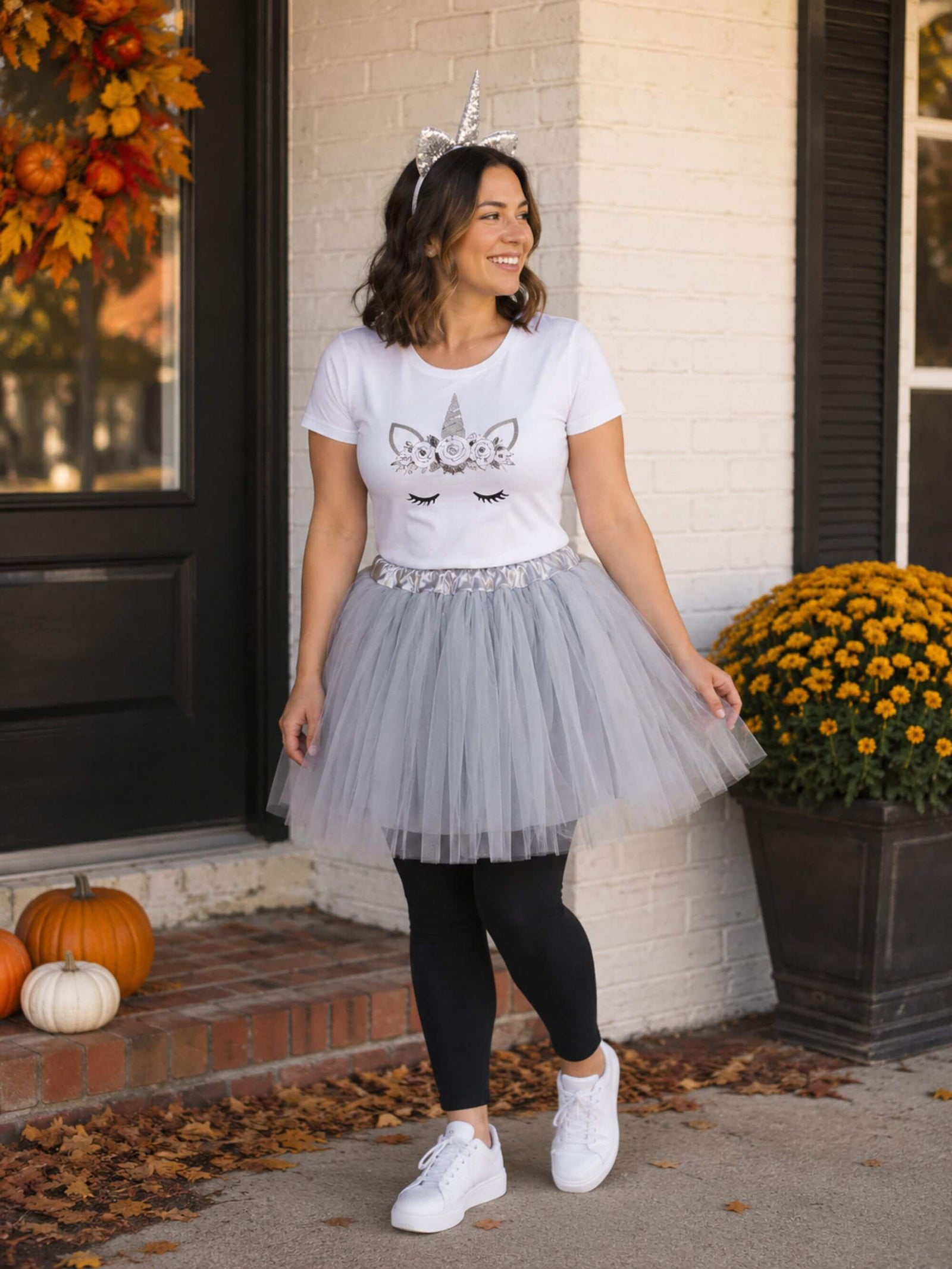 Women's Silver Unicorn Costume - Tutu Skirt & Flip Sequin Headband Horn Set for Adult or Plus Size