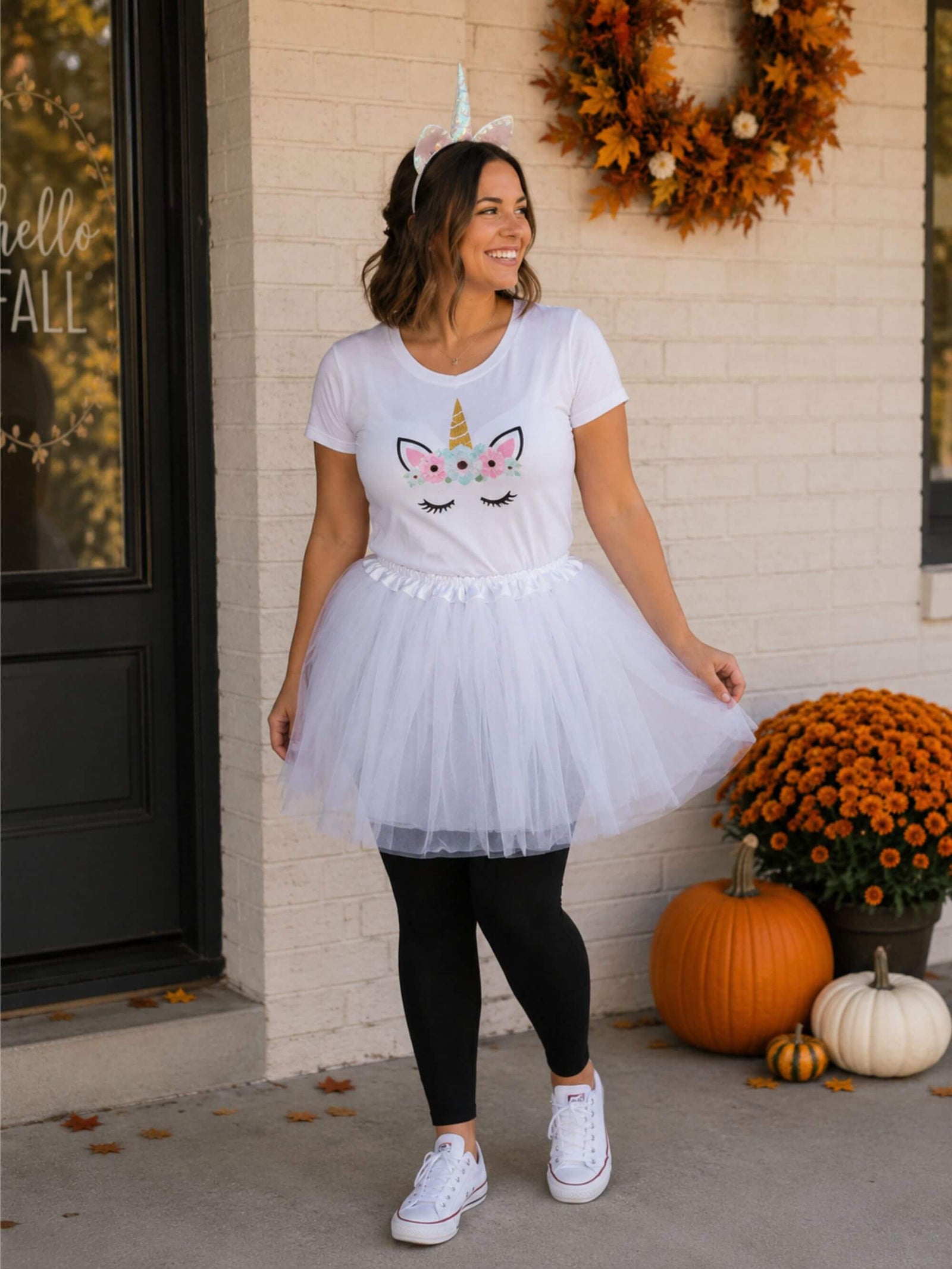 Women's White Unicorn Costume - Tutu Skirt & Flip Sequin Headband Horn Set for Adult or Plus Size