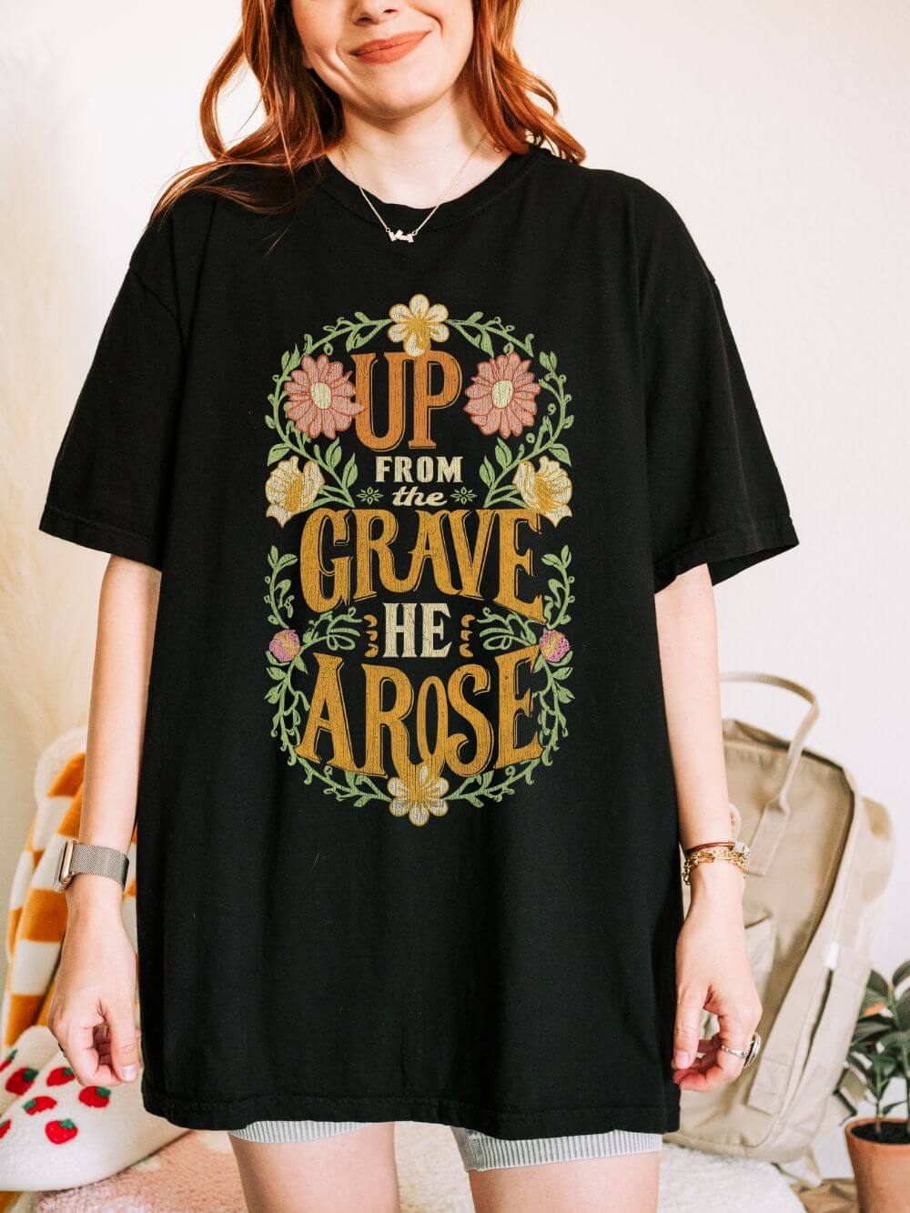 Up From the Grave He Arose Easter T-Shirt Christian Faith Graphic Unisex Distressed Tee