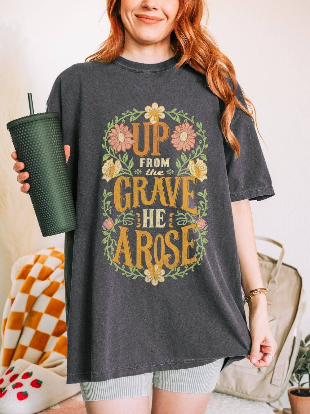 Up From the Grave He Arose Easter T-Shirt Christian Faith Graphic Unisex Distressed Tee