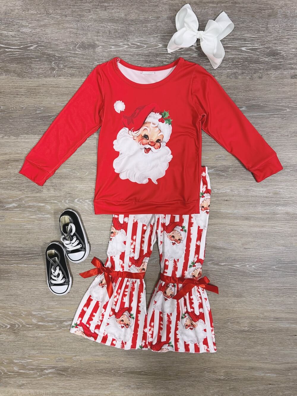 Vintage Christmas Cheer Santa Stripe Girls Bell Bottom Outfit - Sydney So Sweet