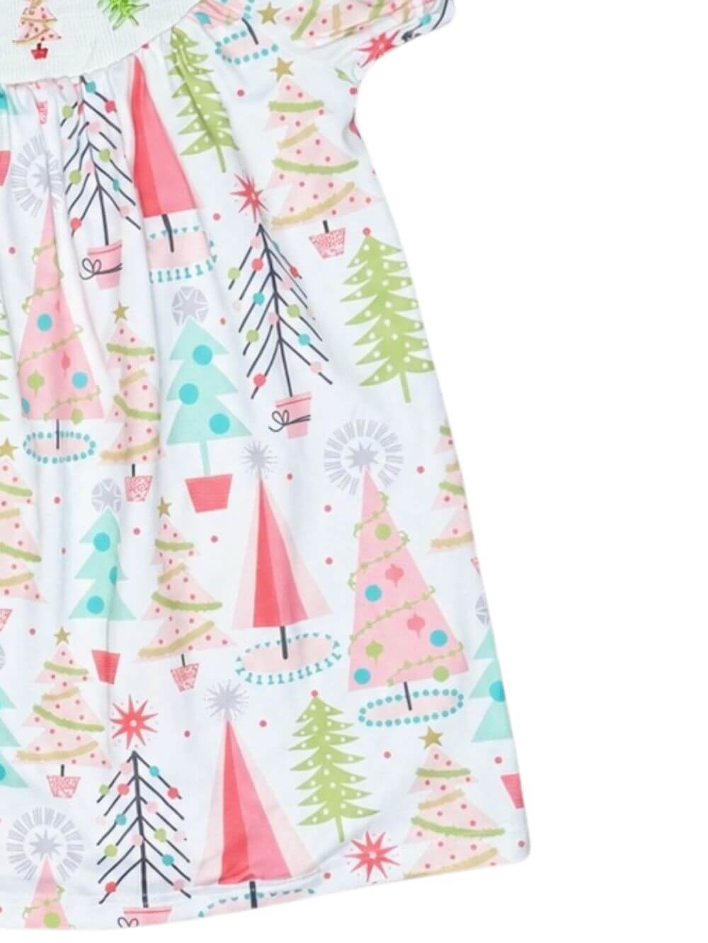 Vintage Holiday Trees Girls Puff Sleeve Christmas Dress