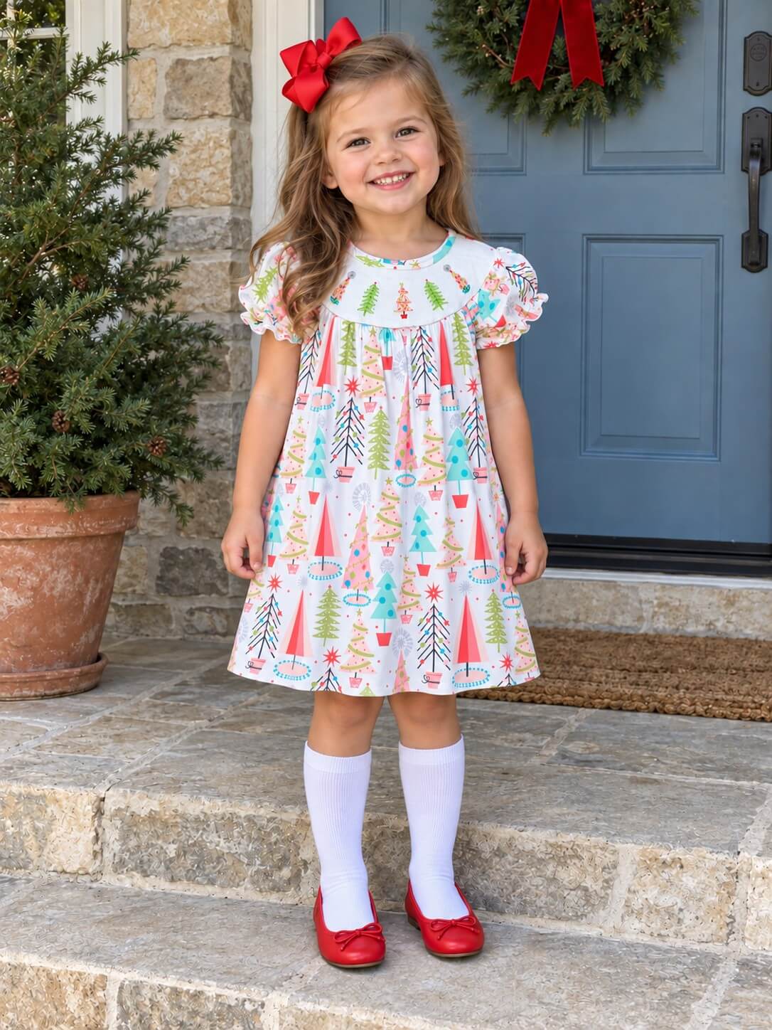 Vintage Holiday Trees Girls Puff Sleeve Christmas Dress