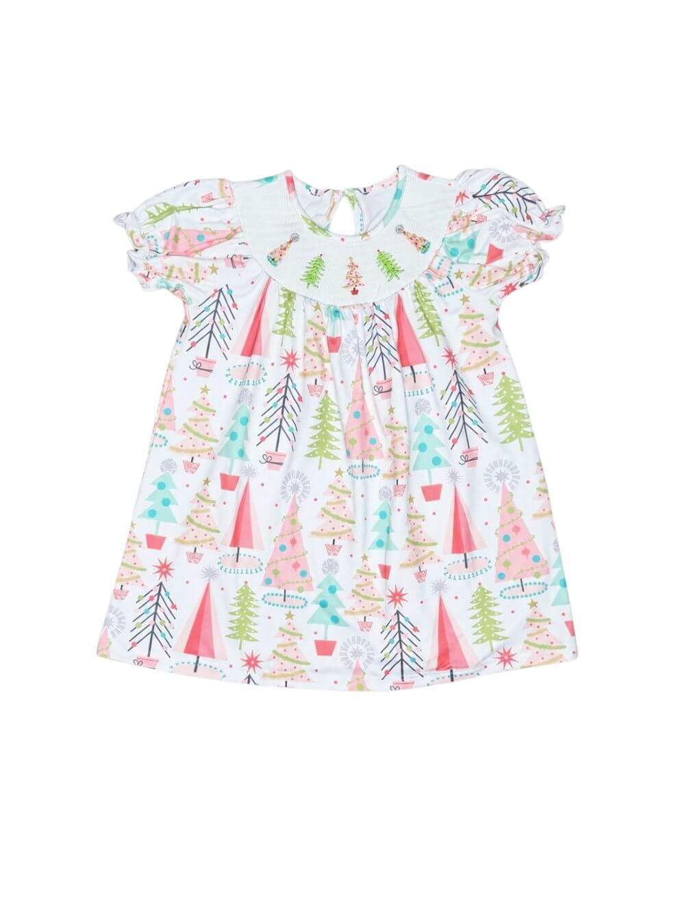 Vintage Holiday Trees Girls Puff Sleeve Christmas Dress