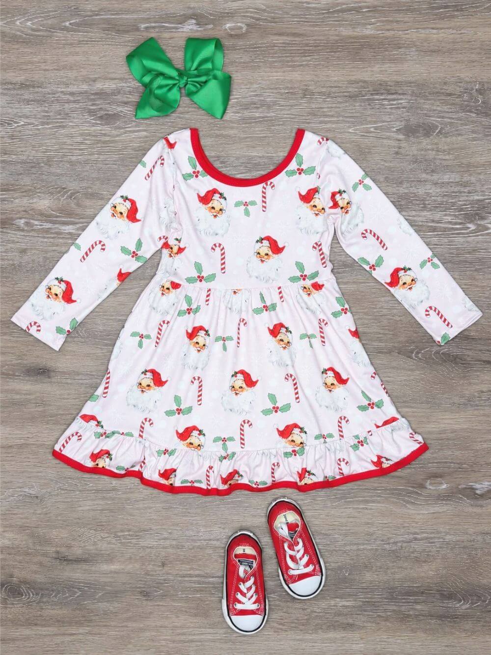 Vintage Holiday Trees Girls Puff Sleeve Christmas Dress