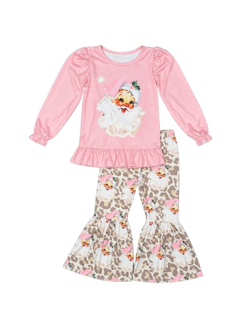 Vintage Pink Santa Leopard Girls Christmas Bell Bottoms Outfit