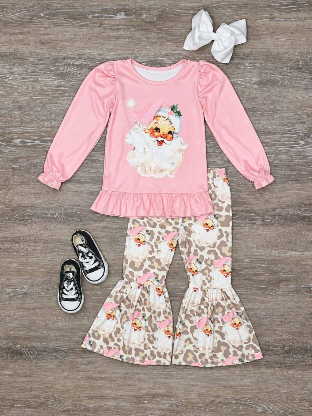Vintage Pink Santa Leopard Girls Christmas Bell Bottoms Outfit