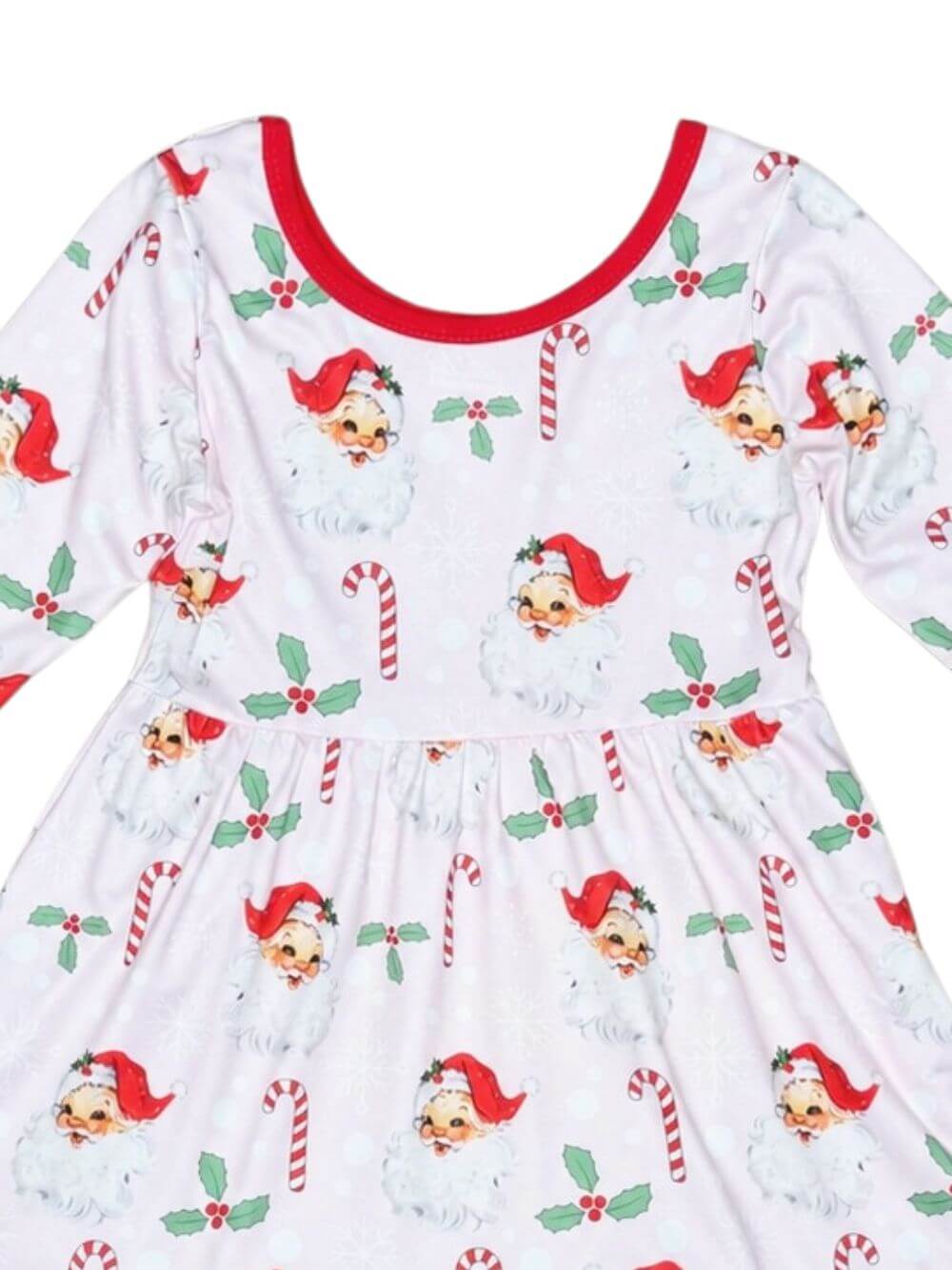 Girls vintage Santa and candy cane Christmas dress with red trim showing neckline and print details