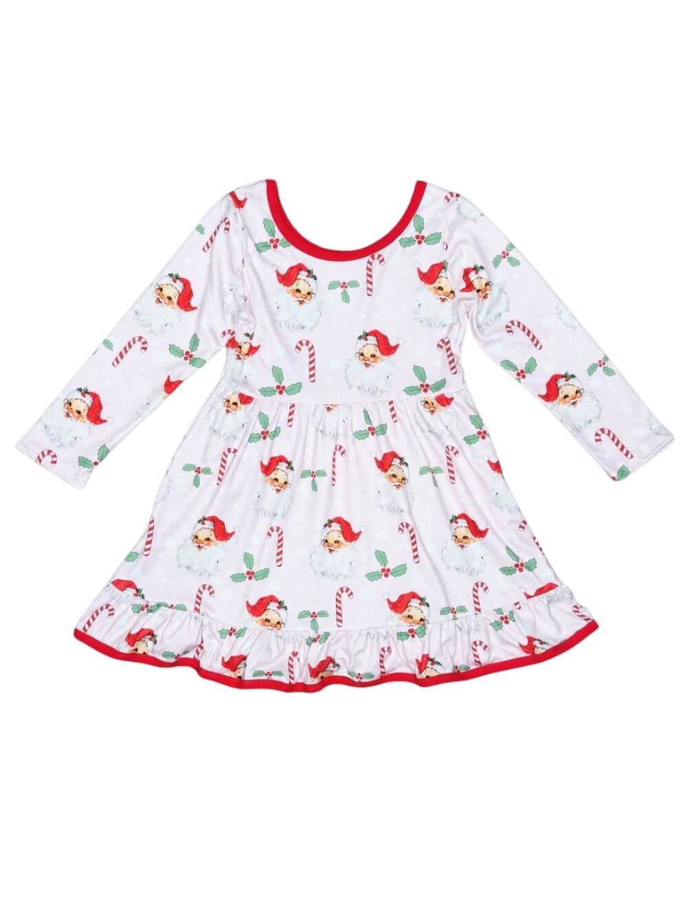 Girls vintage Santa and candy cane Christmas dress with red trim on white background