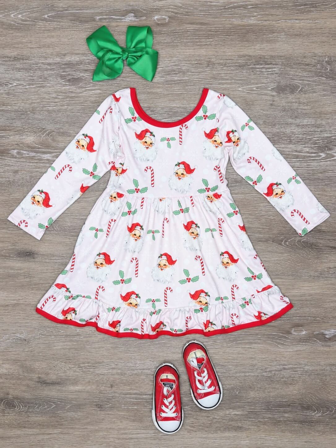 Vintage Santa Candy Cane Girls Christmas Ruffle Dress