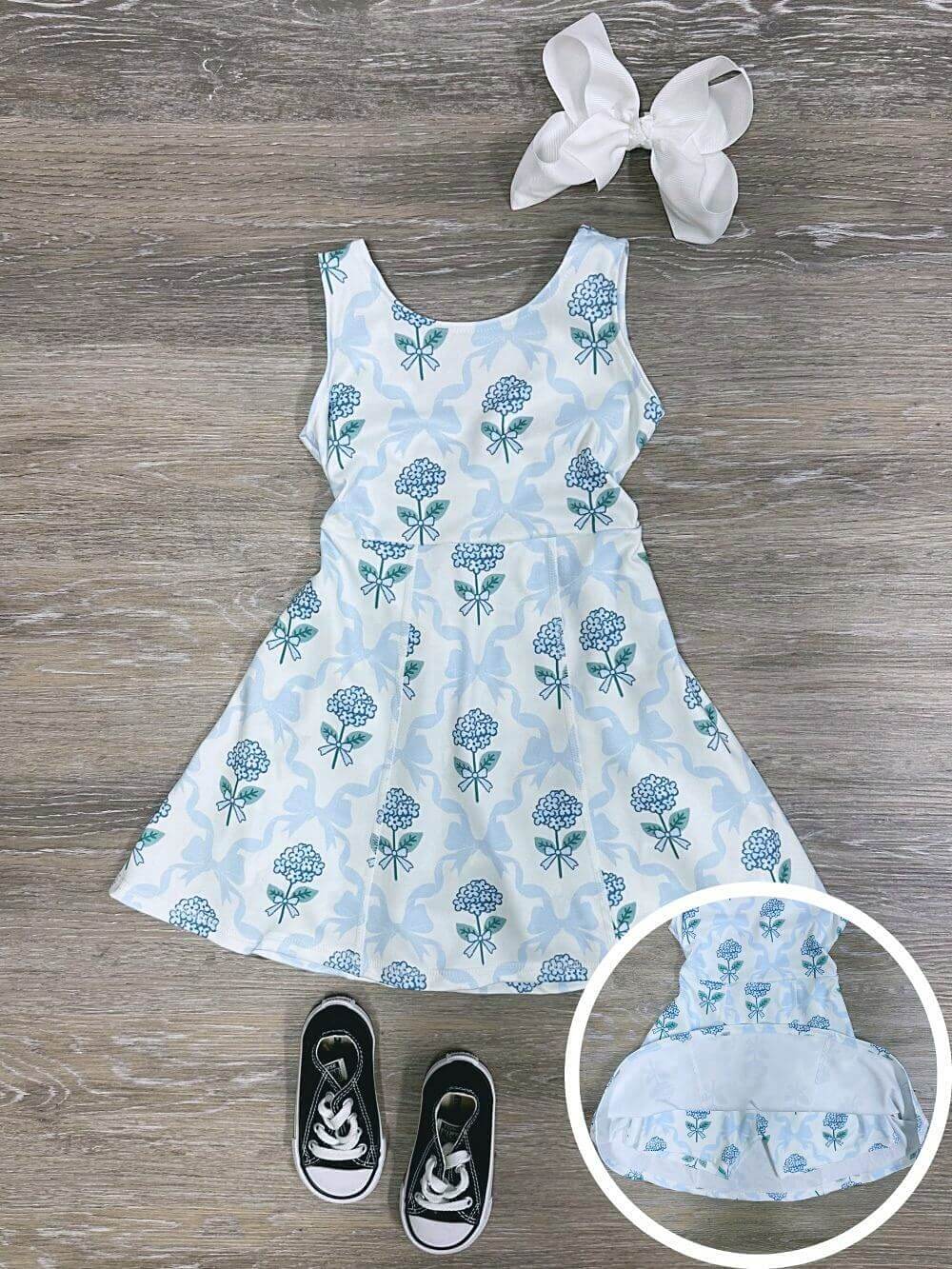 Vintage Bows & Blossoms Girls Blue Floral Yoga Dress - Sydney So Sweet