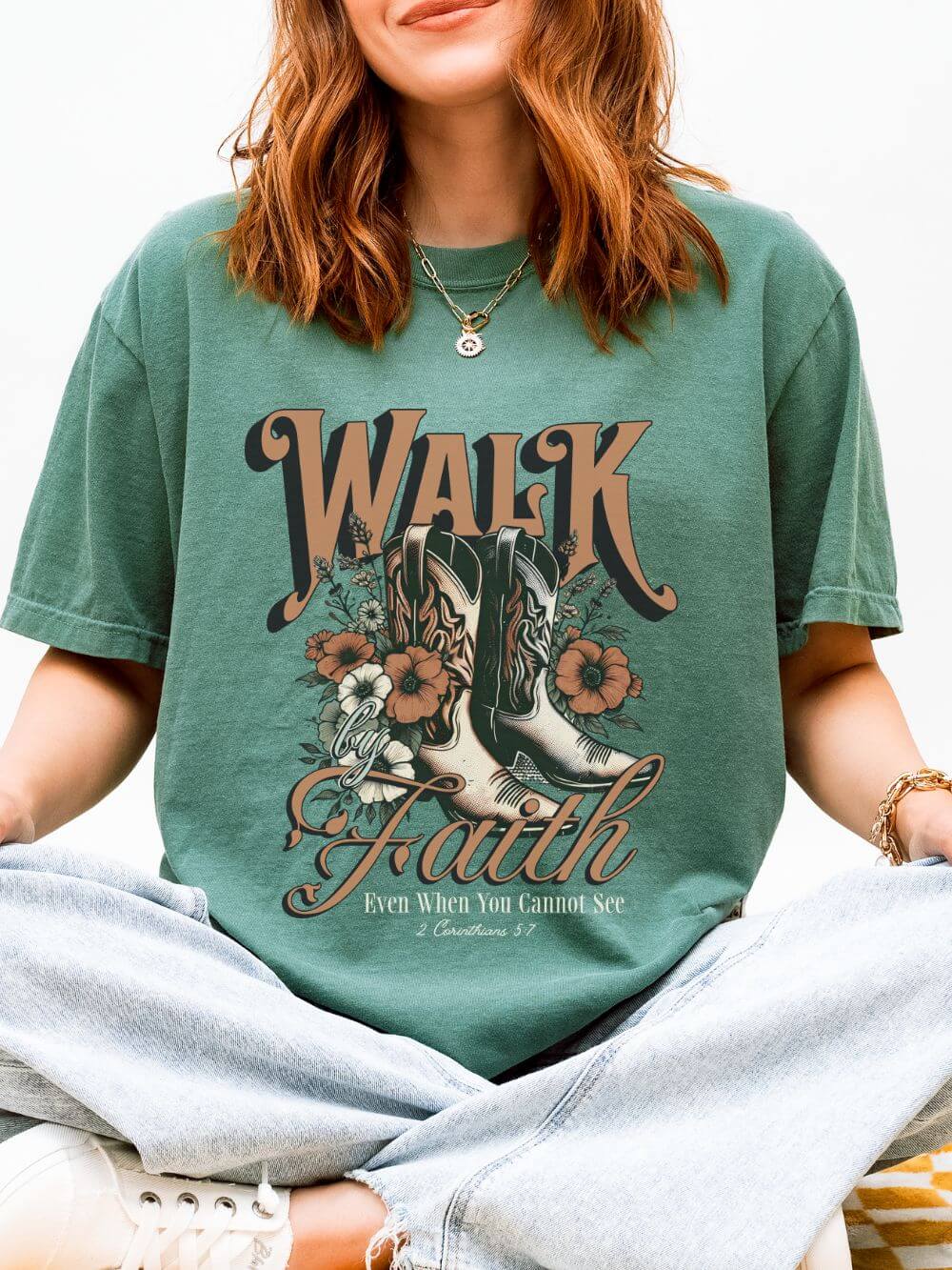 Walk by Faith Graphic T-Shirt Vintage Cowboy Boots & Floral Faith Tee