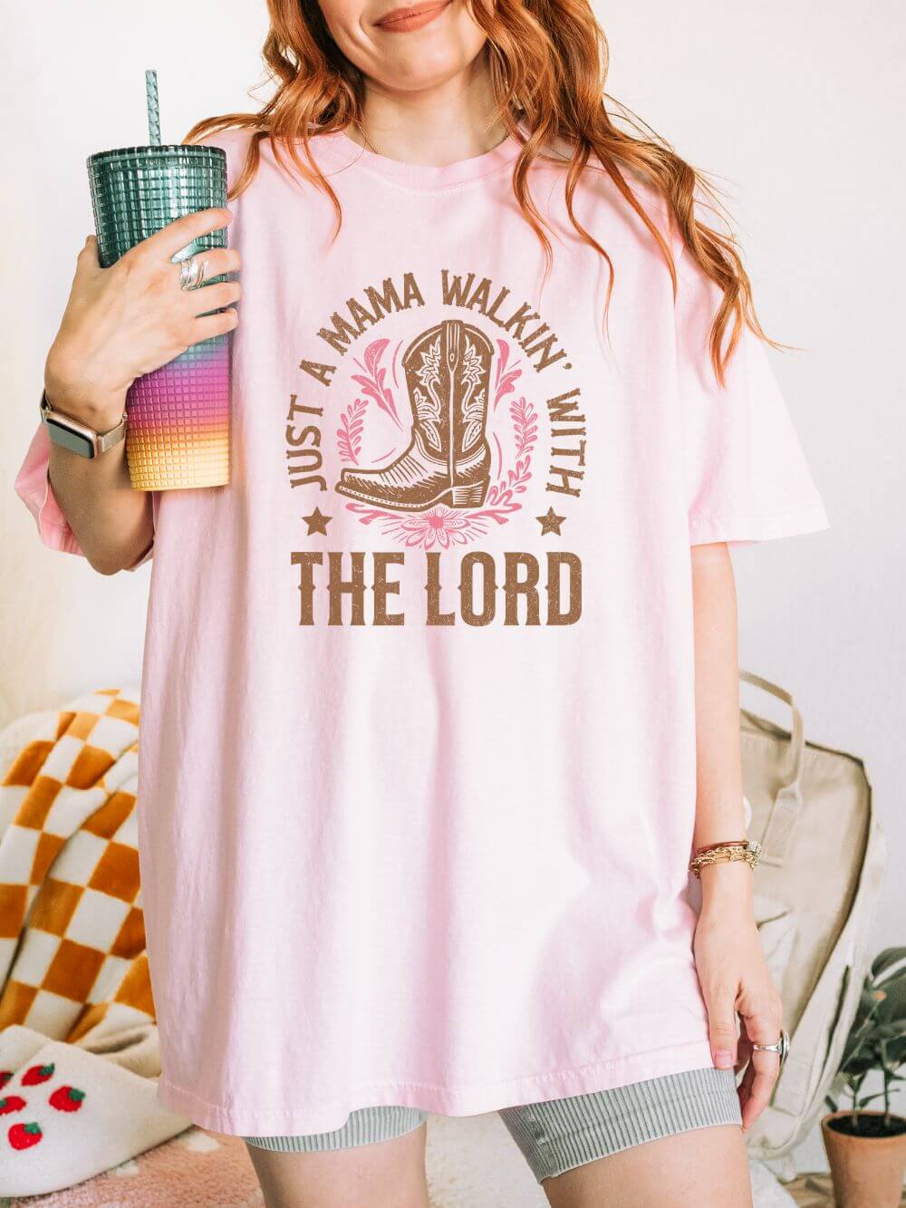 Just a Mama Walkin' With The Lord Faithful Cowgirl Mom T-Shirt Graphic Tee