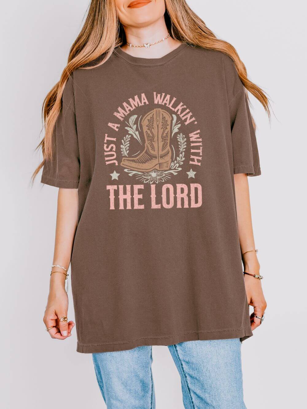 Just a Mama Walkin' With The Lord Faithful Cowgirl Mom T-Shirt Graphic Tee