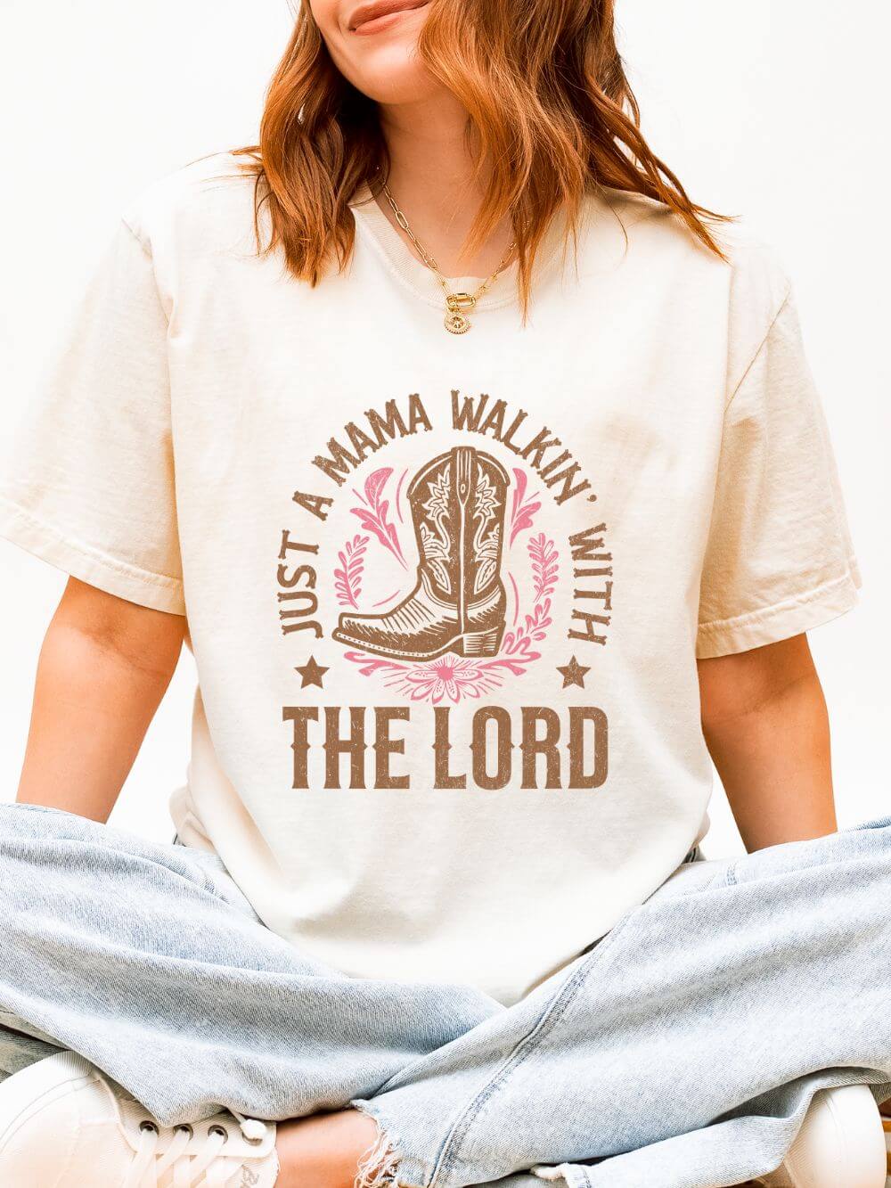 Just a Mama Walkin' With The Lord Faithful Cowgirl Mom T-Shirt Graphic Tee