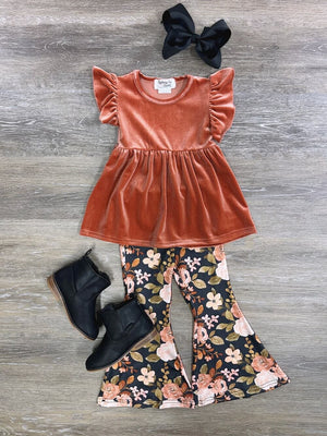 Warm Autumn Florals Girls Flare Pants Outfit - Sydney So Sweet