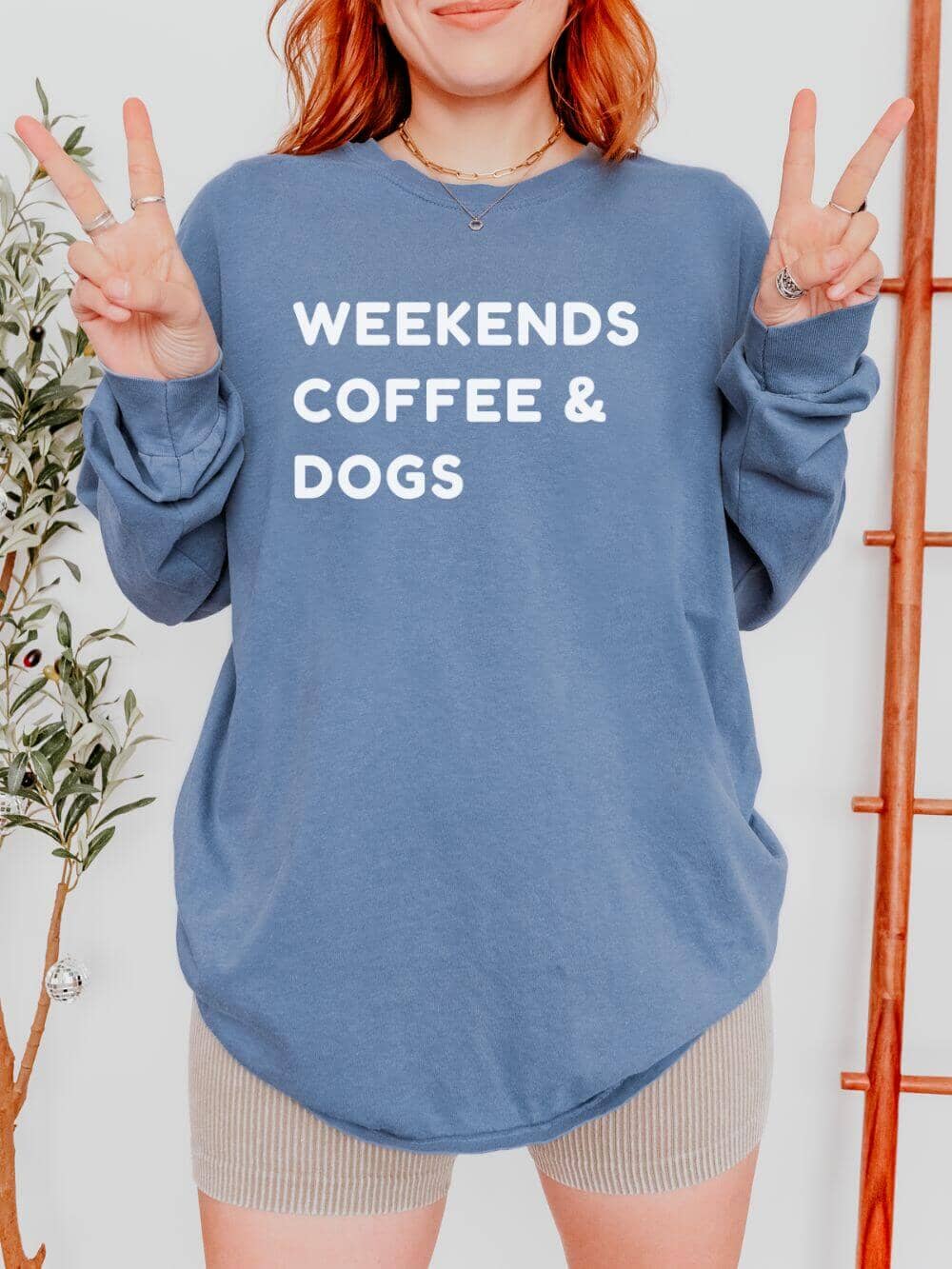 Weekends Coffee & Dogs Comfort Colors Long Sleeve Unisex Graphic T-Shirt - Sydney So Sweet