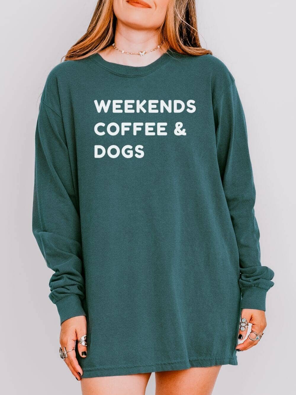 Weekends Coffee & Dogs Comfort Colors Long Sleeve Unisex Graphic T-Shirt - Sydney So Sweet