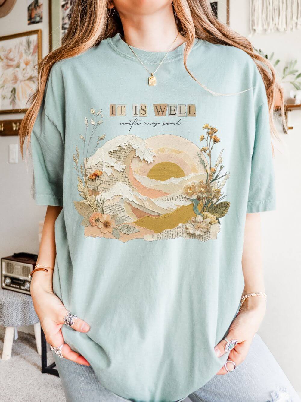 It Is Well with my Soul Christian Graphic Tee Floral Sunset T-Shirt