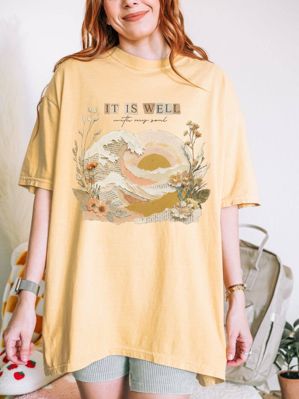 It Is Well with my Soul Christian Graphic Tee Floral Sunset T-Shirt