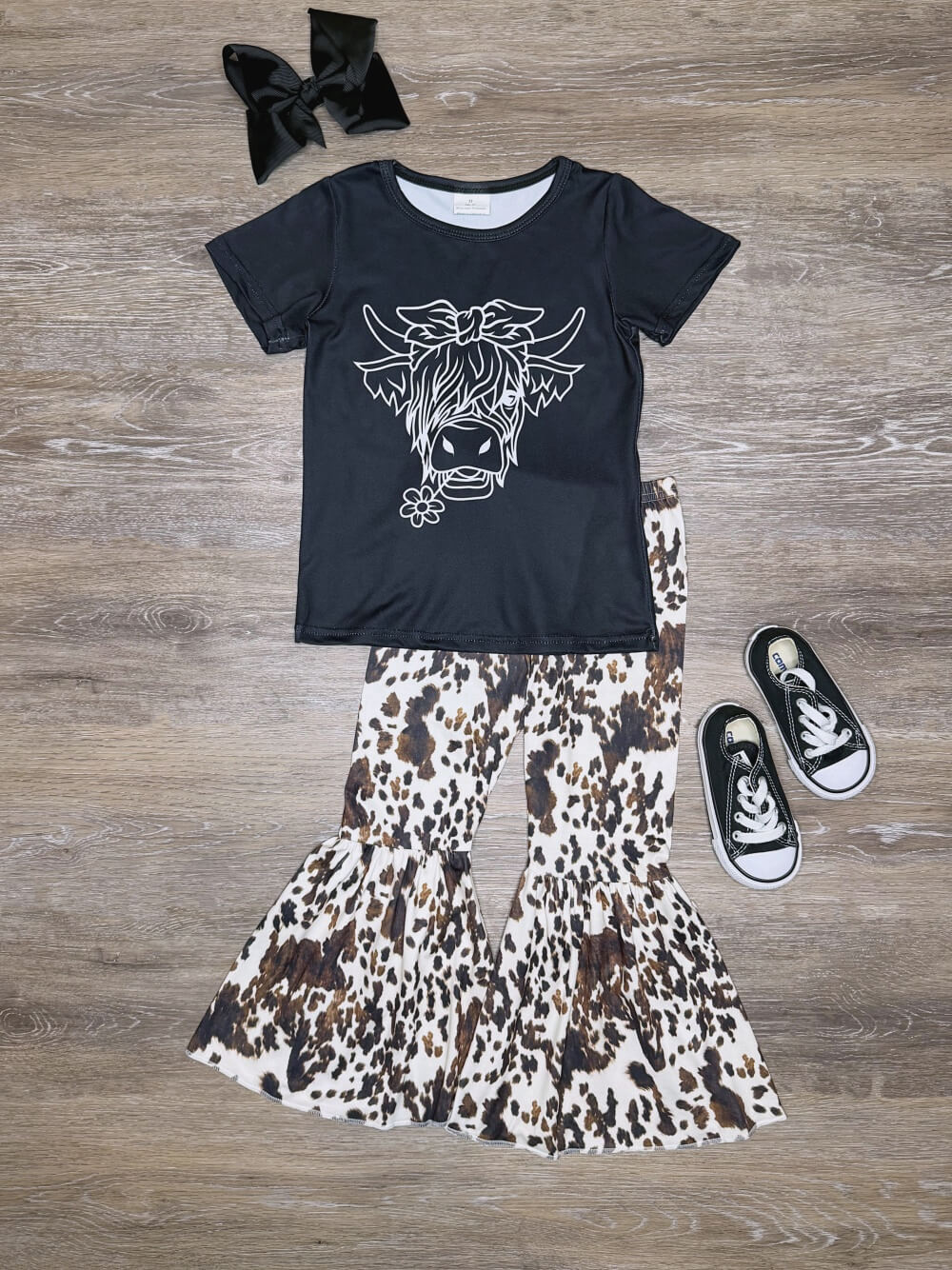 Western Prairie Girls Cow Print Bell Bottoms Outfit