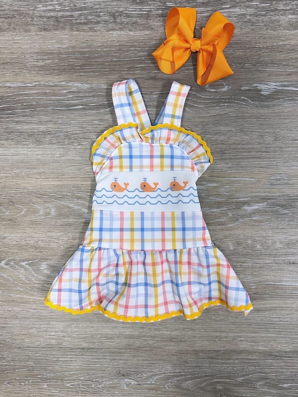 Whale Watching Baby Girls Yellow & Blue Plaid Skirted Swimsuit - Sydney So Sweet