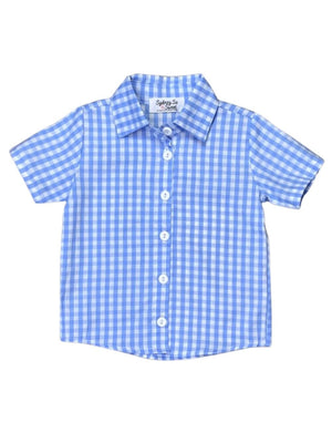 Blue & White Gingham Plaid Button Up Boys Top - Sydney So Sweet