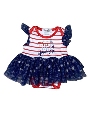 Free To Sparkle Red & Blue Stripe Sequin Stars Baby Girls Patriotic Tutu Romper - Sydney So Sweet