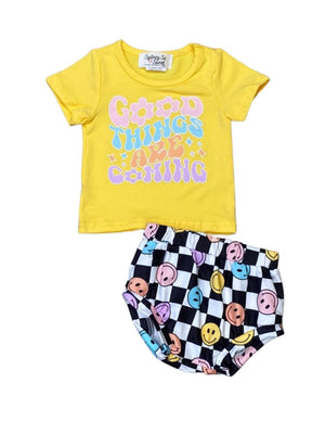 Good Things Are Coming Groovy Smiley Face Two Piece Baby Girls Outfit - Sydney So Sweet