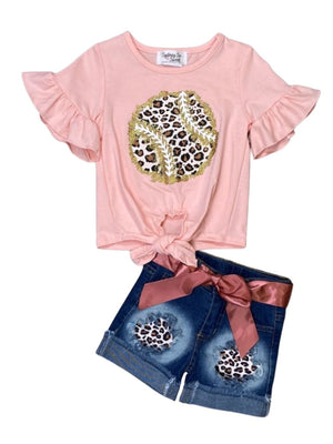 Wild About Baseball Cheetah Pink Denim Girls Shorts Outfit - Sydney So Sweet