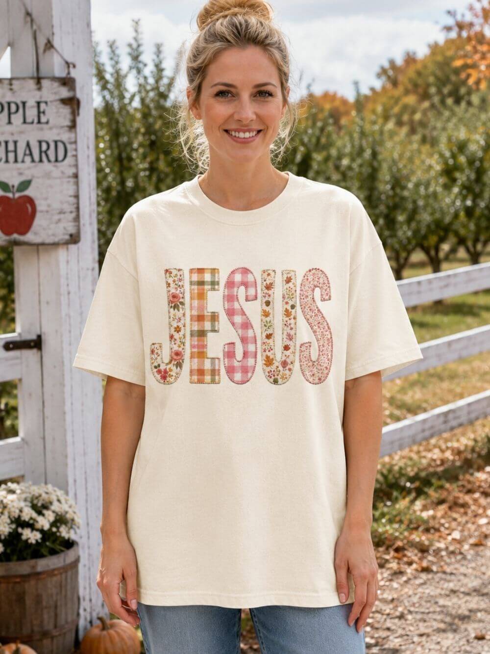 JESUS Floral Plaid Tee Women's Christian Graphic T-Shirt