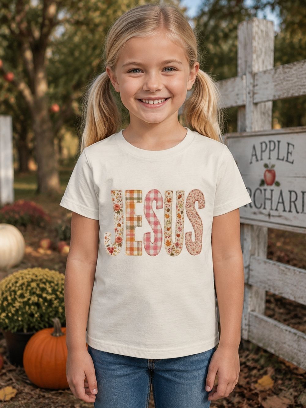 JESUS Floral Plaid Tee Kids Christian Graphic T-Shirt