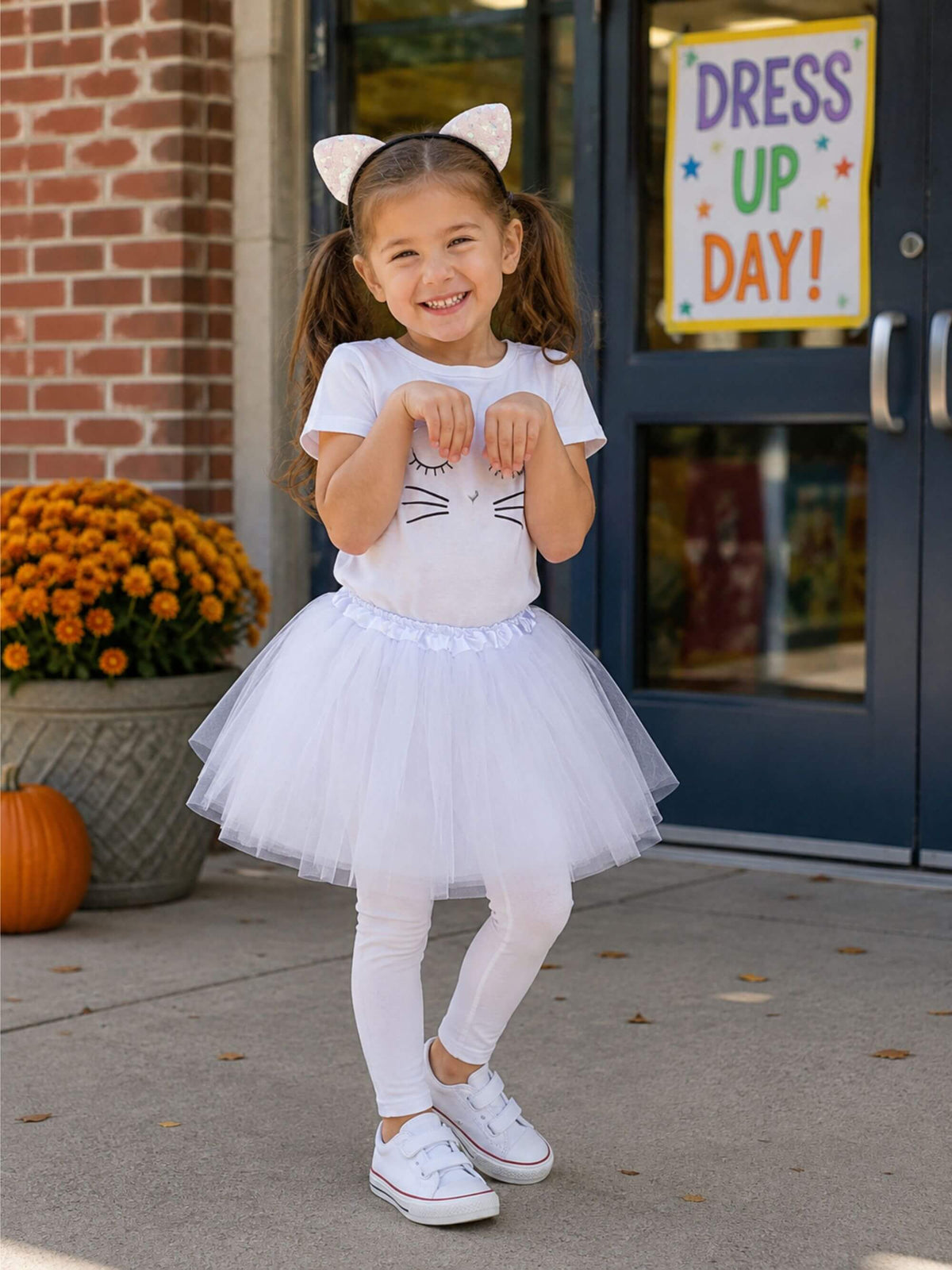 Girls White Cat Costume - Complete Kids Costume Set with Tutu & Flip Sequin Cat Ears Headband