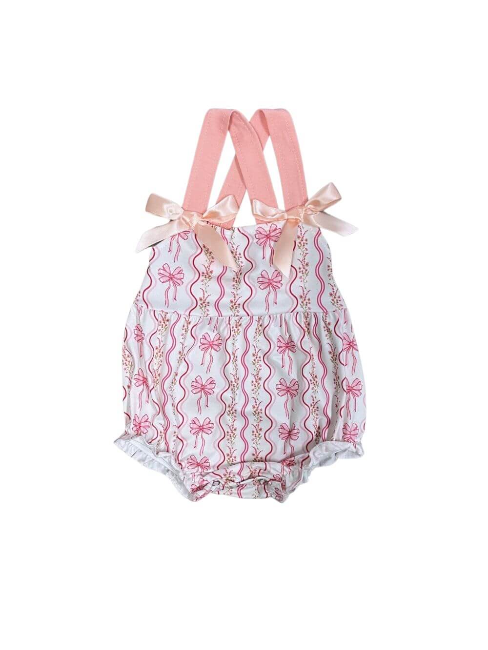 White & Pink Coquette Bow Girls Baby Bubble Romper - Sydney So Sweet