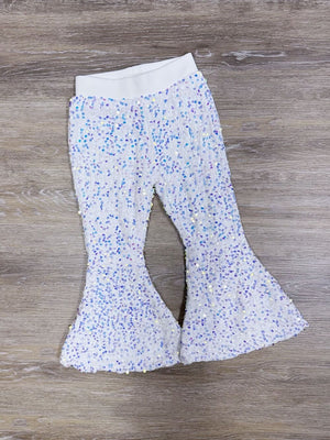 White Sequin Holiday Sparkle Girls Bell Bottom Pants - Sydney So Sweet