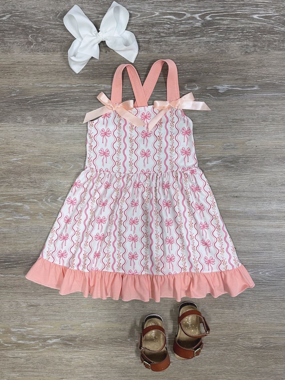 White and Pink Coquette Bow Girls Sundress - Sydney So Sweet
