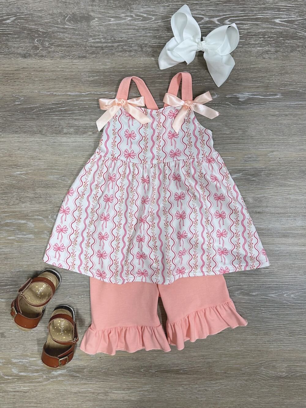 White & Pink Coquette Bow Girls Ruffle Shorts Outfit - Sydney So Sweet
