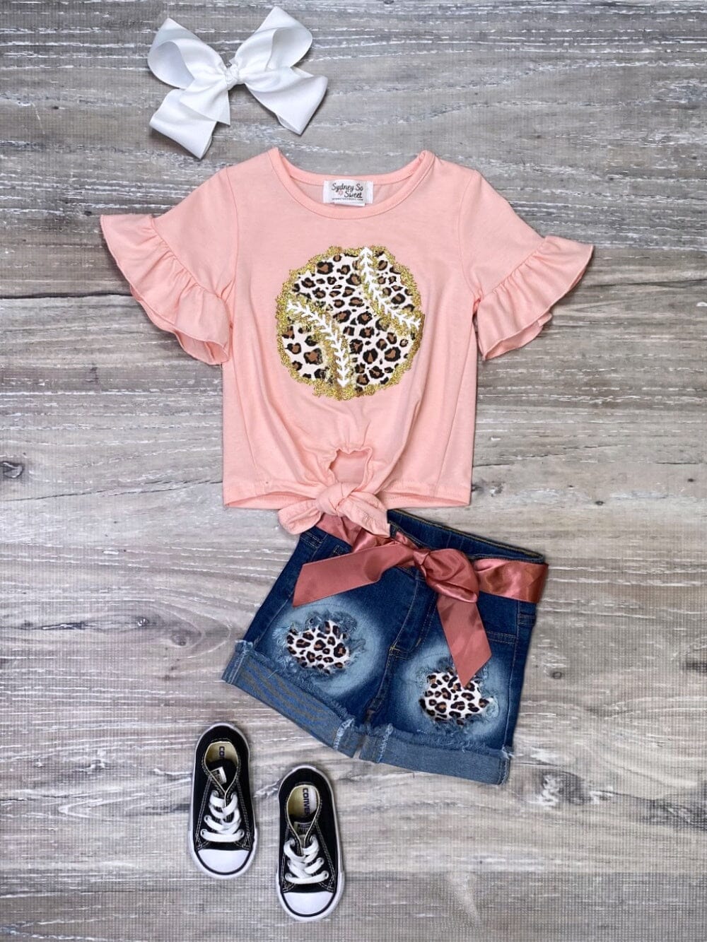 Wild About Baseball Cheetah Pink Denim Girls Shorts Outfit - Sydney So Sweet