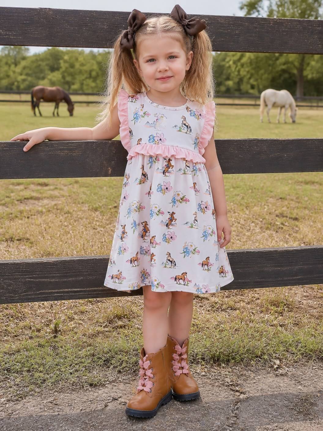 Girl wearing wildflower horse ranch scalloped dress