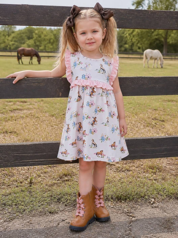 toddler girl fall dress Little Popp Crew in Floral - Bamboo This long sleeve dress dress features a ruffled collar and shoulder detail while the smocked front adds a stylish touch Girls Dresses for Every Occasion