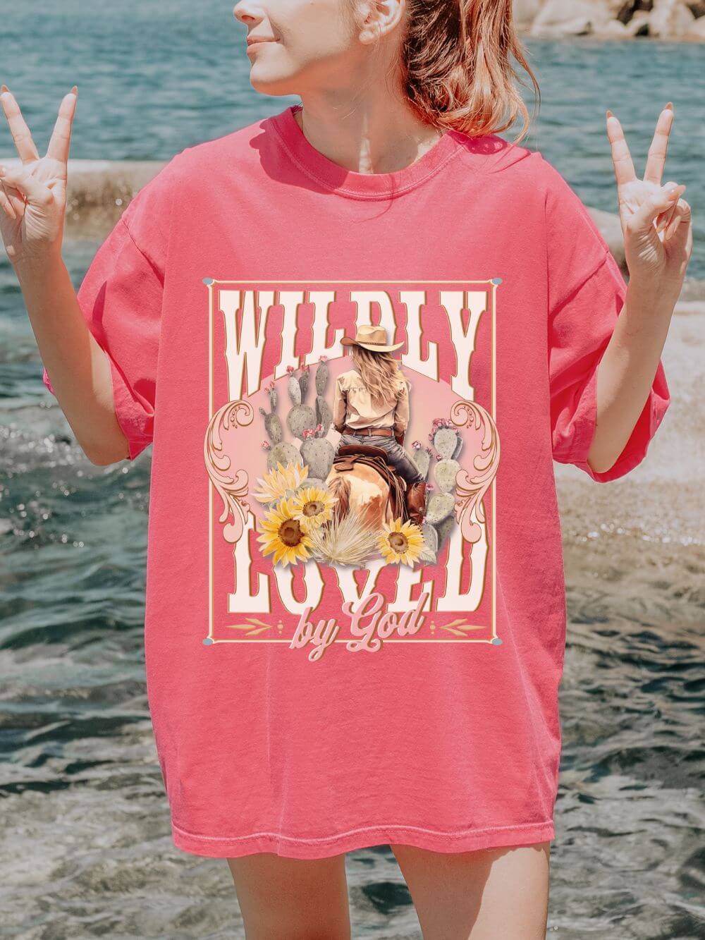 Wildly Loved by God Graphic Tee Vintage Cowgirl Sunflower T-Shirt