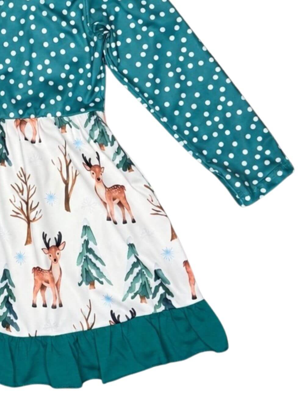 Girls winter deer dress with green polka dot bodice and ruffle hem showing hem and bottom details