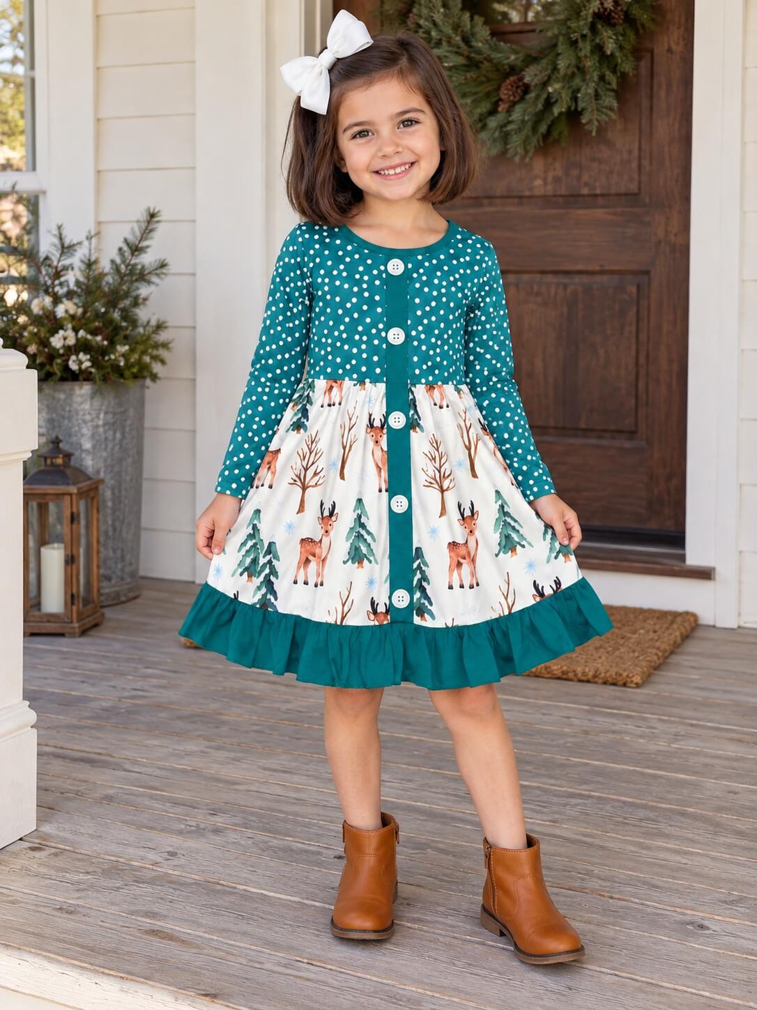 Girls winter deer dress with green polka dot bodice and ruffle hem worn by a child
